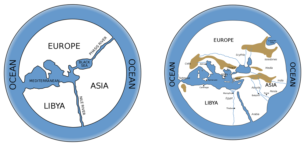 Reconstructions of ancient Greek world maps: Left: the world according to Anaximander of Miletus; right: a more detailed version due to Hecataeus.