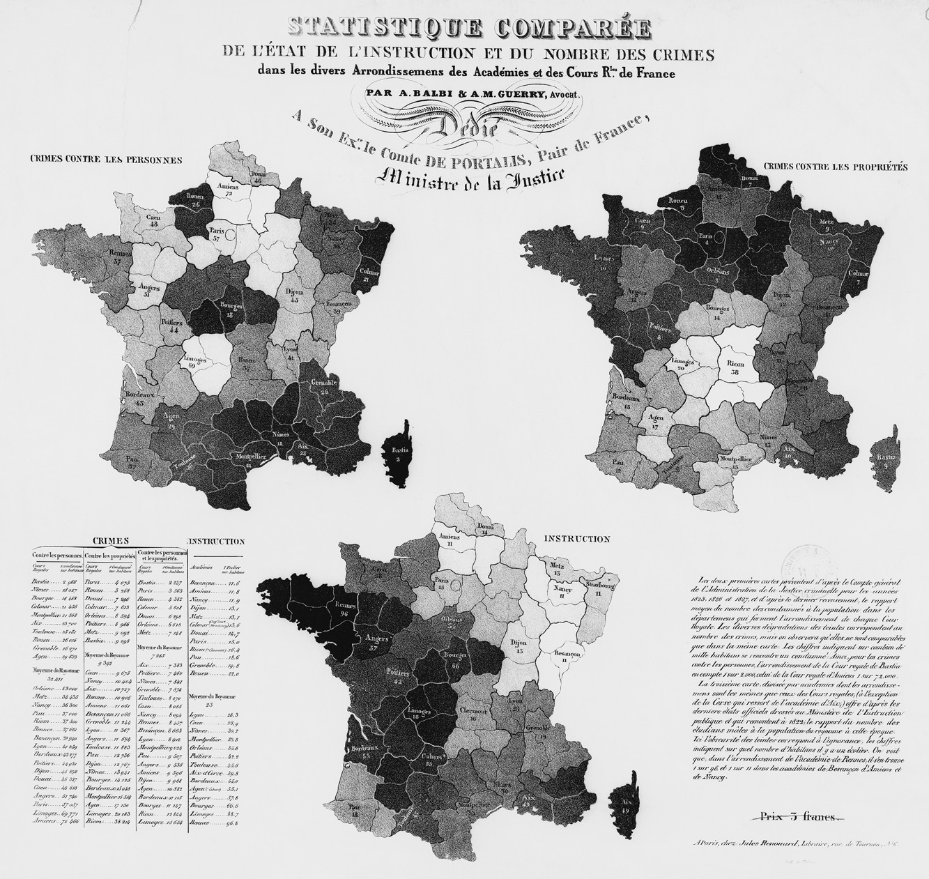 First comparative shaded maps: Guerry and Balbi’s 1829 Statistique comparée de l’état de l’instruction et du nombre des crimes.