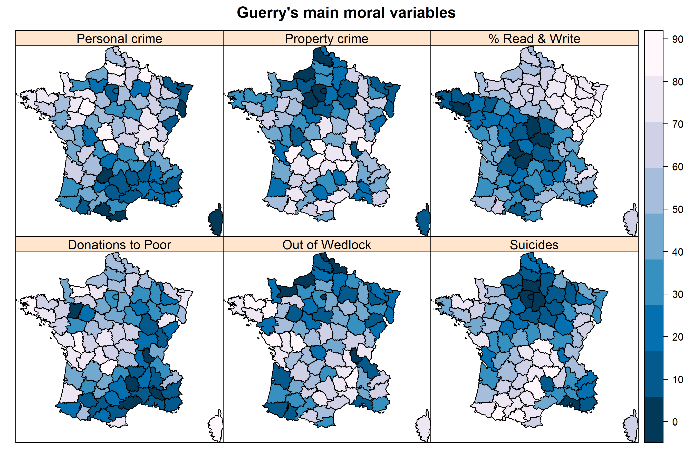 Reproduction of Guerry’s six maps: As in Guerry’s originals, darker shading signifies worse on each moral variable.
