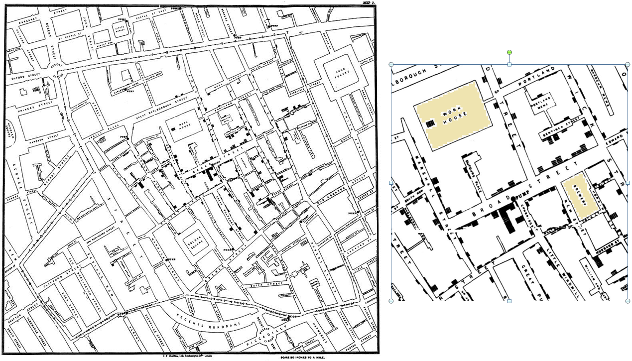 Snow’s map: John Snow’s dot map of Soho, showing the clusters of cases of cholera in the epidemic of 1854 from August 19 to September 30.