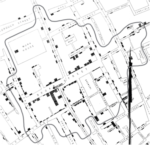 Boundary region: Detail of a version of Snow’s second map of the cholera outbreak, showing the boundary of the region of addresses believed to draw their water from the Broad Street pump.