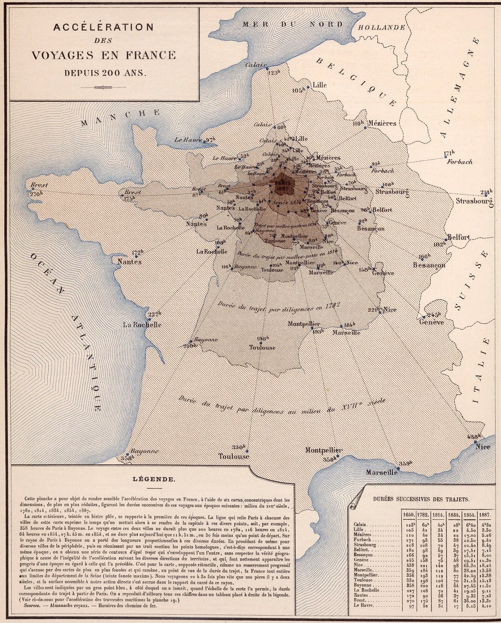 Anamorphic map: “Acceleration of travel in France over 200 years” (Accélération des voyages en France depuis 200 Ans). A set of five Paris-centric maps scaled along radial directions to major cities to show the relative decrease in travel time from 1789 to 1887.