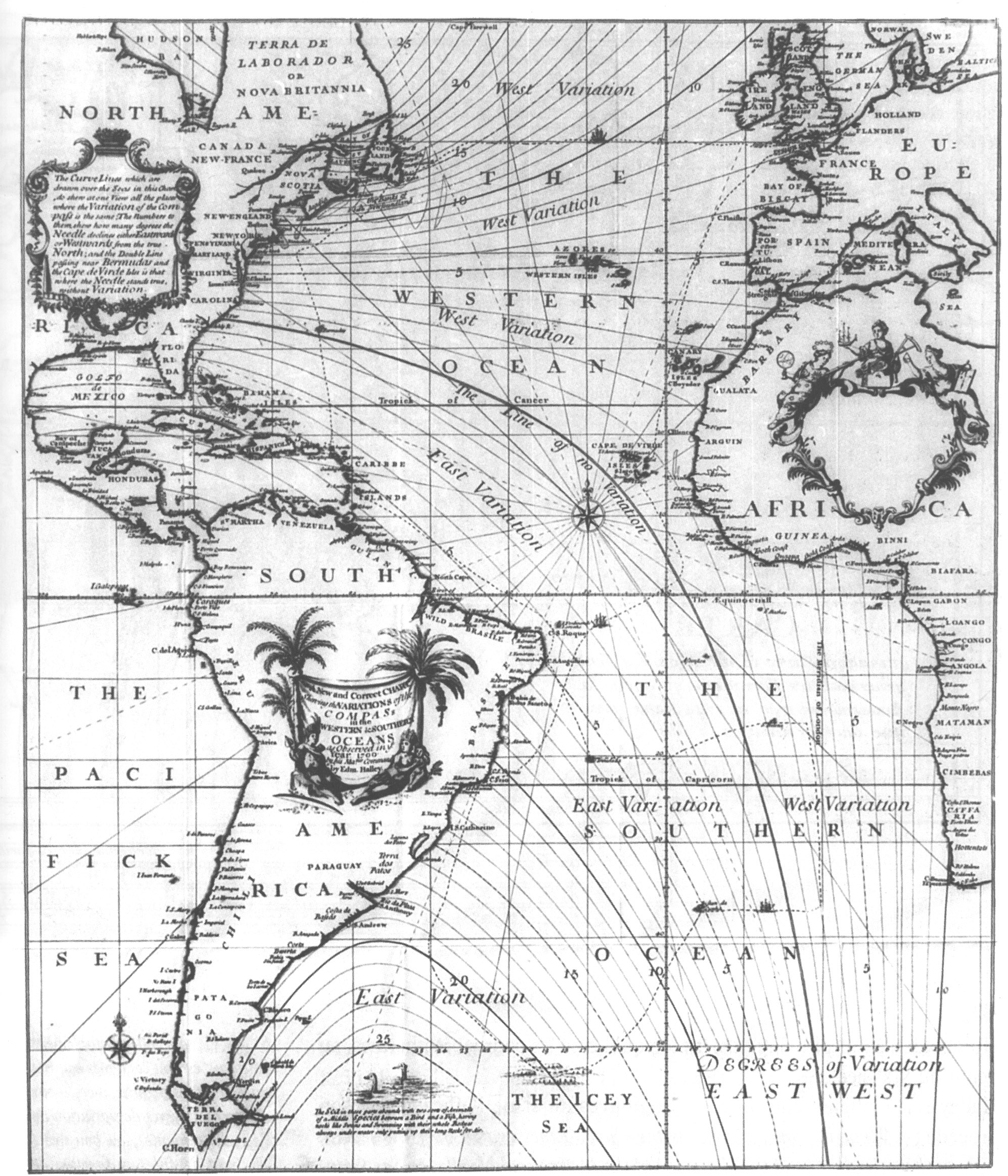 Contour map of magnetic declination: Edmund Halley drew lines of equal magnetic declination on a map, possibly the first contour map of a data-based variable.