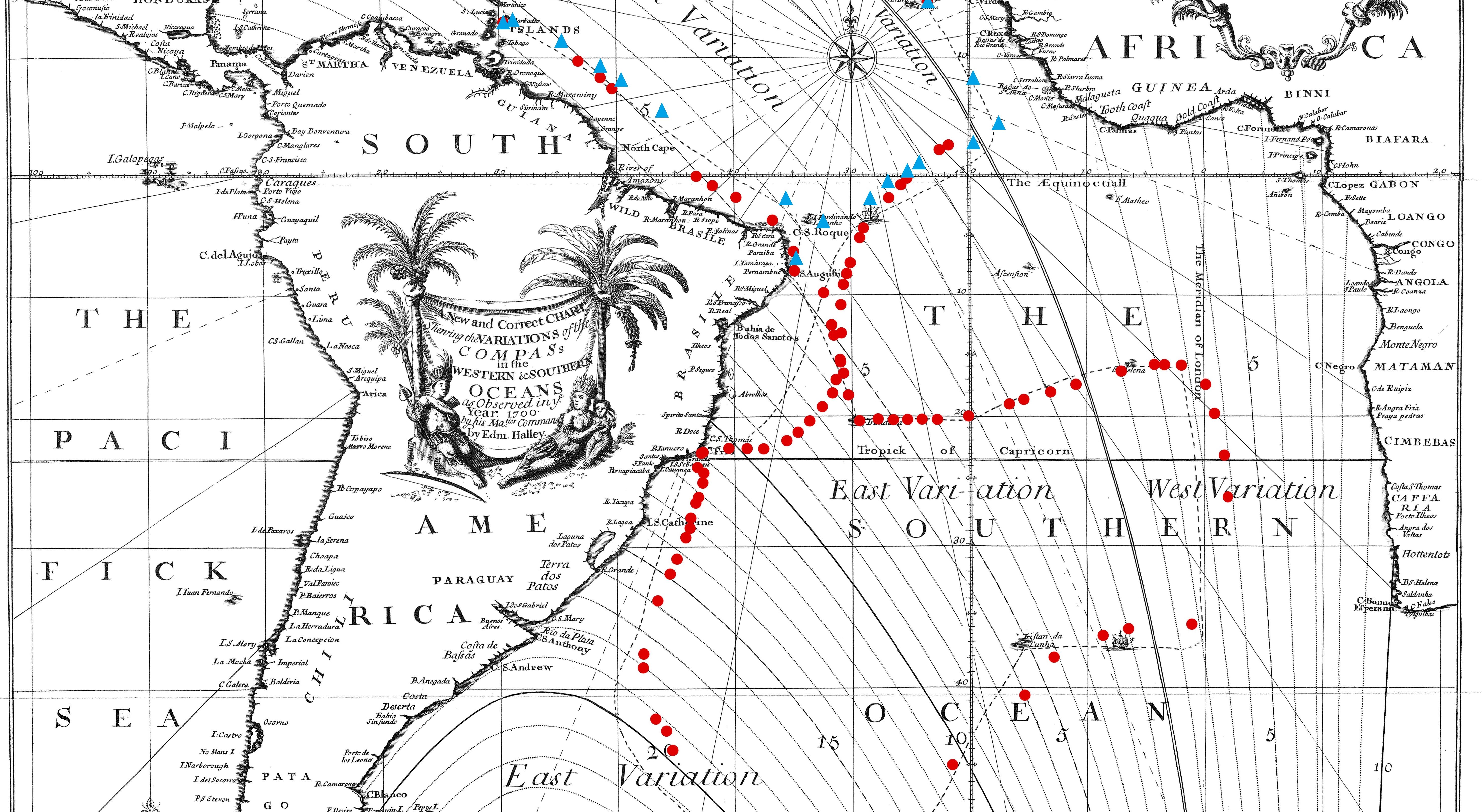 Detail showing Halley’s observations: This figure shows the central portion of Halley’s map with the locations of his observations.