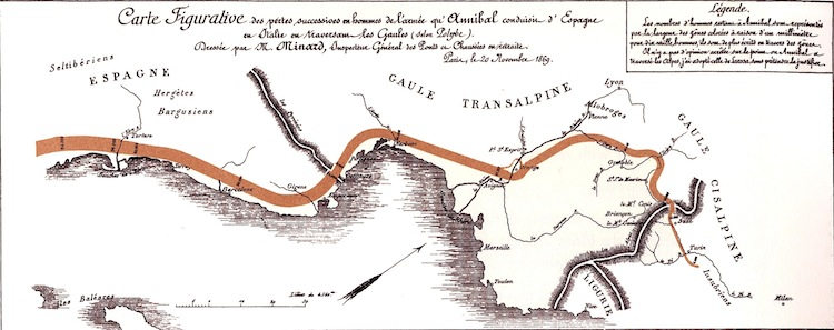 Hannibal graphic: Minard’s depiction of Hannibal’s army, as it treks across Spain and France on a brilliant military campaign, but then suffers huge losses attempting to cross the Alps.