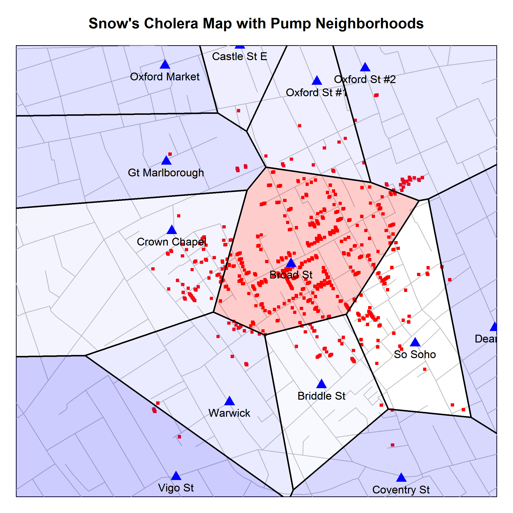 Snow’s map enhanced: Re-drawn and enhanced versions of a central portion of Snow’s map of the cholera data using the most historically accurate known data digitized from the map.