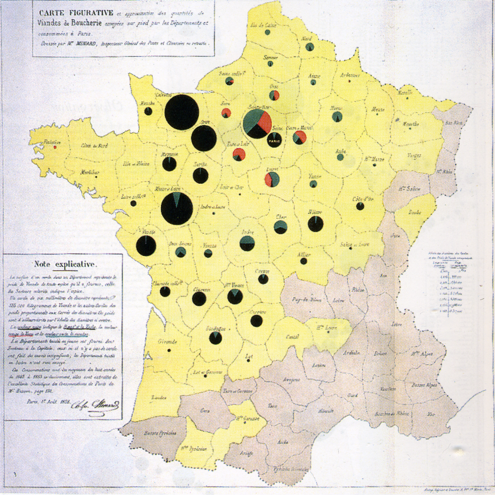 First pie charts on a map: Minard’s 1858 divided-circle map, showing the amounts and proportions of butcher’s meats supplied to the Paris market.