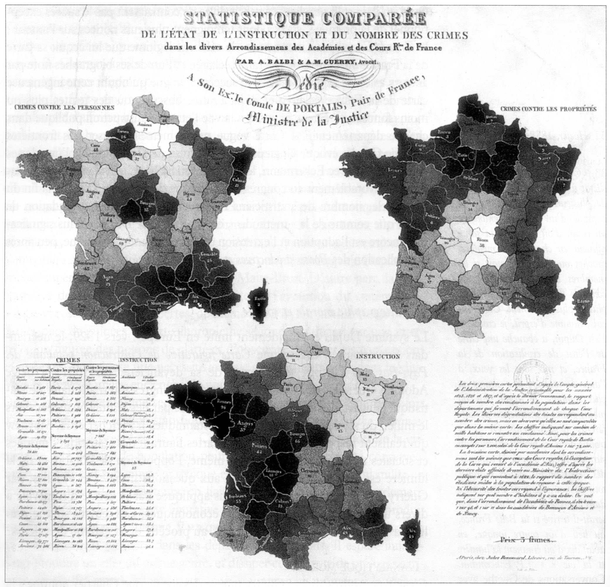 Guerry & Balbi (1829), Comparative map of crimes against persons, against property and literacy in France