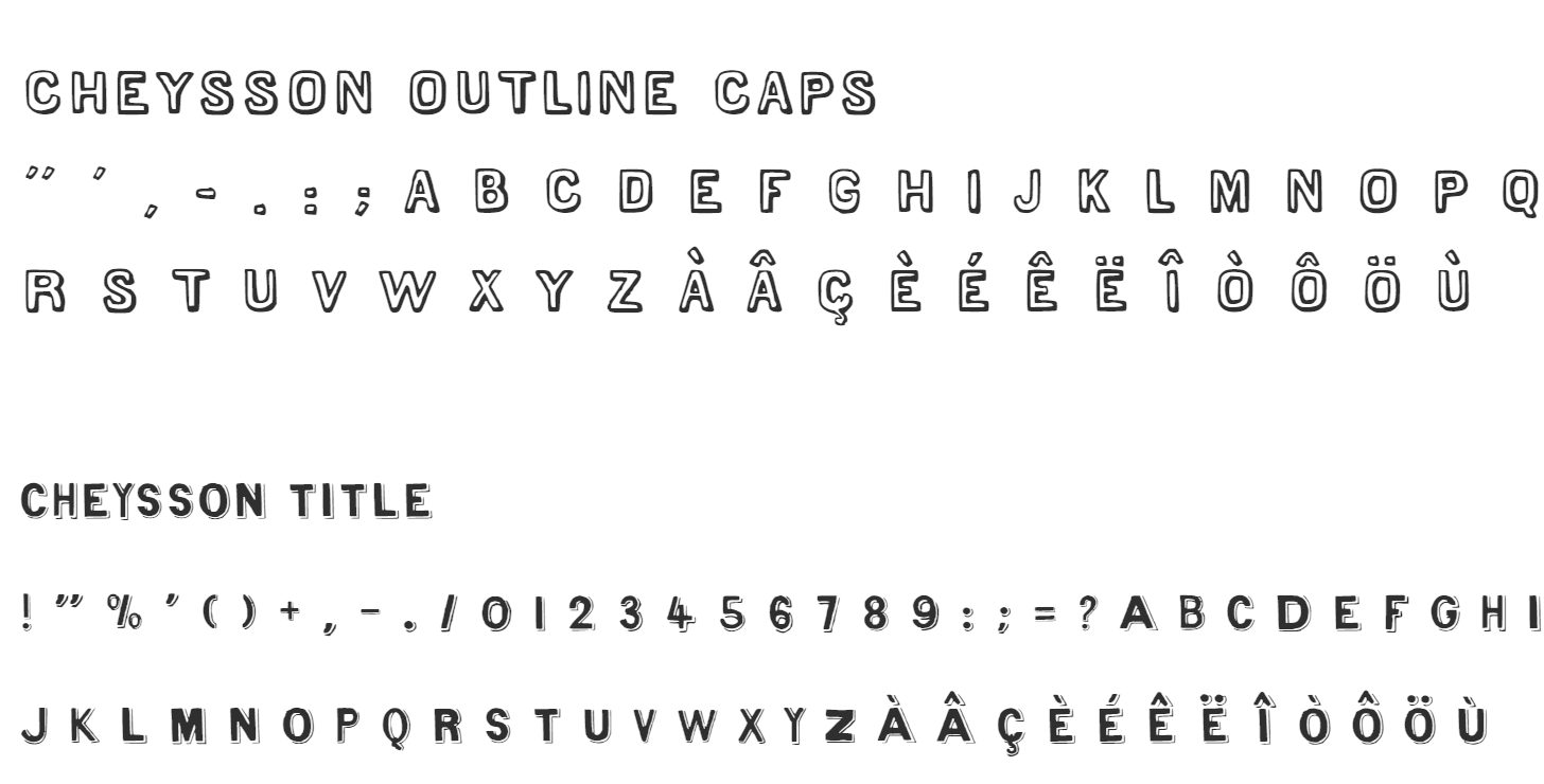 Sample lettering in the two Cheysson font families: outline capitals, and title