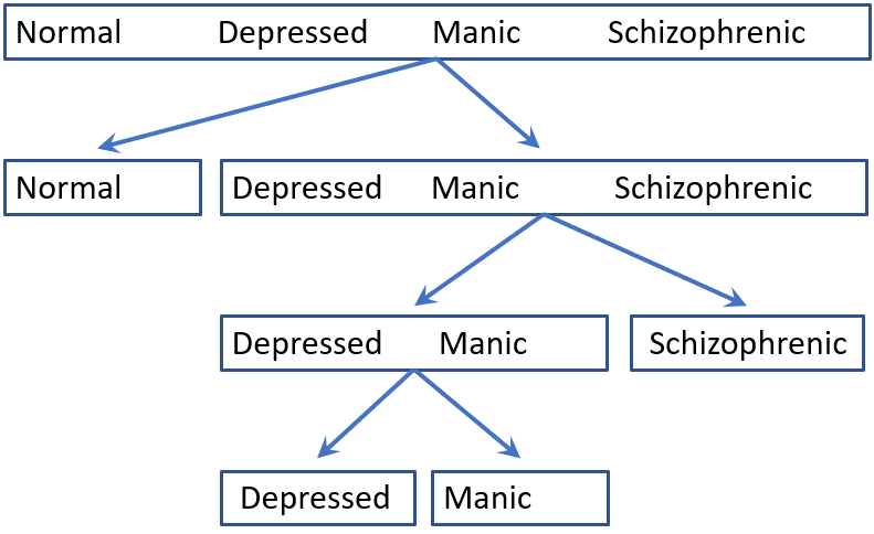 **Psychiatric classification**: The figure shows how four diagnostic categories might be represented by nested dichotomies.
